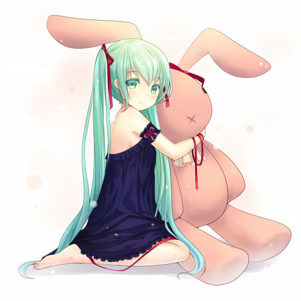 Anime picture 1200x1200 with vocaloid hatsune miku sumikko no aria looking at viewer white background twintails very long hair aqua eyes aqua hair girl dress ribbon (ribbons) hair ribbon toy stuffed animal stuffed rabbit