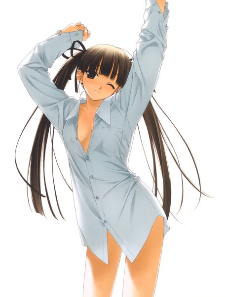 Anime picture 1450x1900 with hashimoto takashi single long hair tall image light erotic simple background brown hair white background twintails brown eyes one eye closed wink no bra naked shirt girl shirt white shirt