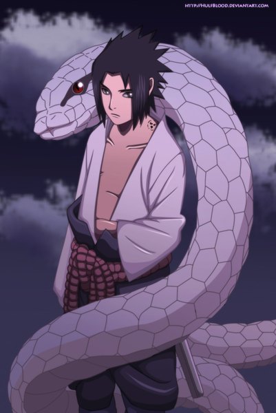 Anime picture 1024x1532 with naruto studio pierrot naruto (series) uchiha sasuke hulfblood tall image short hair black hair red eyes sky cloud (clouds) grey eyes tattoo coloring boy animal snake