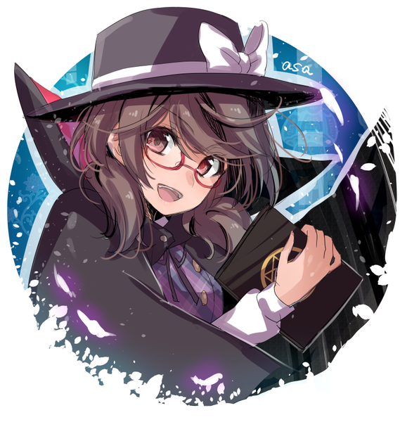 Anime picture 781x809 with touhou usami sumireko asa (coco) single long hair tall image looking at viewer fringe open mouth red eyes brown hair twintails signed :d low twintails girl hat petals glasses mantle