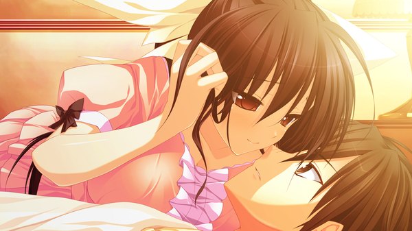 Anime picture 1280x720 with tiny dungeon (game) rosebleu long hair short hair black hair red eyes wide image brown eyes game cg couple face to face almost kiss girl boy