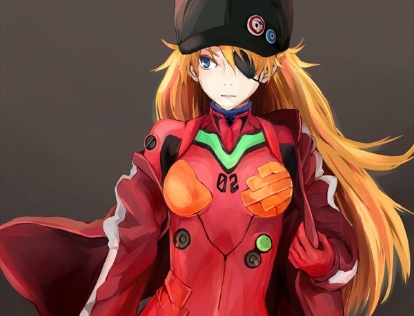 Anime picture 1179x900 with neon genesis evangelion rebuild of evangelion evangelion: 2.0 you can (not) advance gainax soryu asuka langley toromera single long hair fringe breasts blue eyes simple background looking away lips girl gloves hat bodysuit eyepatch