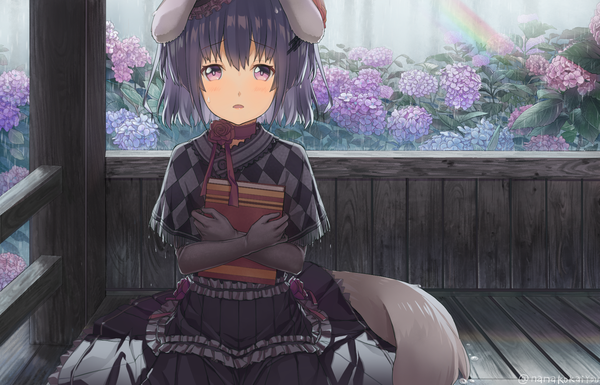 Anime picture 1703x1095 with original piza rokumai single looking at viewer blush fringe highres short hair open mouth hair between eyes sitting holding signed animal ears purple hair outdoors tail animal tail pleated skirt pink eyes