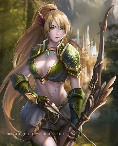 Anime picture 809x1000 with original chaosringen single long hair tall image breasts light erotic blonde hair smile large breasts holding green eyes signed cleavage realistic midriff pov girl gloves navel