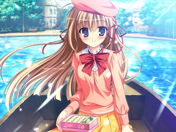 Anime picture 1200x900 with prismrhythm (game) elsterrier marigold tanihara natsuki single long hair looking at viewer blush blue eyes smile brown hair game cg girl dress food beret watercraft boat obento