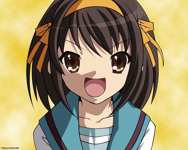 Anime picture 1280x1024 with suzumiya haruhi no yuutsu kyoto animation suzumiya haruhi looking at viewer short hair open mouth brown hair brown eyes upper body :d girl hairband