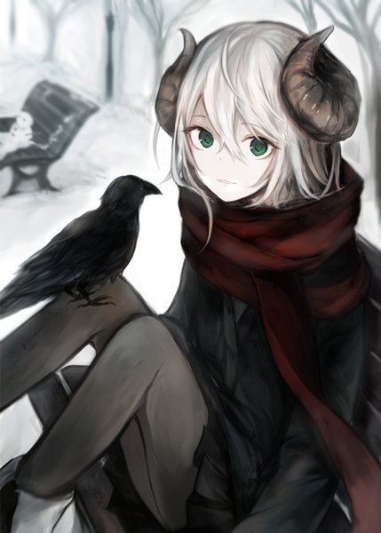 Anime picture 820x1147 with original hasuno single tall image looking at viewer fringe short hair hair between eyes sitting green eyes silver hair bent knee (knees) outdoors long sleeves pleated skirt horn (horns) blurry depth of field winter snow