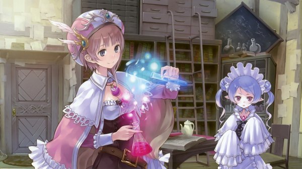 Anime picture 2936x1646 with atelier (series) gust (company) rorolina frixell hom kishida mel highres blue eyes red eyes brown hair wide image multiple girls blue hair girl 2 girls