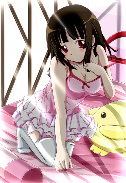 Anime picture 2031x2952 with nisemonogatari shaft (studio) monogatari (series) sengoku nadeko tsukasa 0913 single long hair tall image blush highres black hair red eyes light smile girl thighhighs white thighhighs sundress