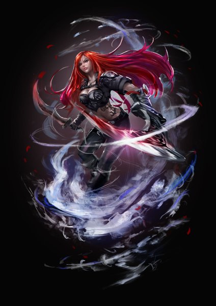 Anime picture 1343x1900 with league of legends katarina (league of legends) cglas single long hair tall image looking at viewer breasts simple background large breasts holding bent knee (knees) red hair parted lips black eyes tattoo facial mark black background leg lift (legs lift) fog