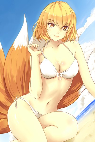 Anime picture 1333x2000 with touhou yakumo ran x&x&x single tall image short hair breasts light erotic blonde hair smile yellow eyes fox ears fox tail fox girl girl swimsuit bikini white bikini