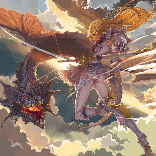 Anime picture 1080x1080 with original geister long hair blonde hair sky cloud (clouds) flying fantasy battle girl gloves weapon sword elbow gloves boots armor dragon