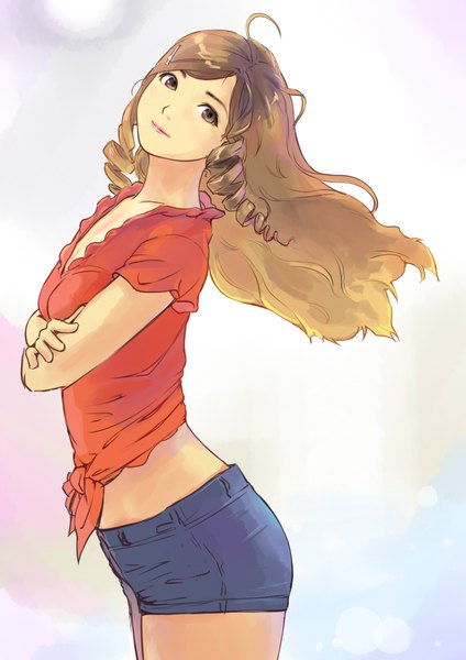 Anime picture 1625x2300 with original carina (xiaowoo) long hair tall image looking at viewer blush smile brown hair brown eyes ahoge lips turning head drill hair crossed arms girl hair ornament shorts hairclip short shorts