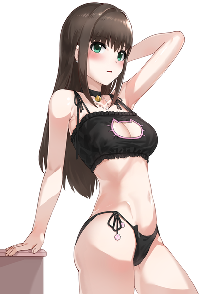 Anime picture 773x1070 with idolmaster idolmaster cinderella girls shibuya rin kfr single long hair tall image blush breasts open mouth blue eyes light erotic black hair simple background white background underwear only girl navel underwear panties