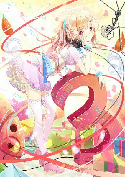 Anime picture 800x1131 with original reio reio single long hair tall image blonde hair purple eyes girl thighhighs dress ribbon (ribbons) white thighhighs headphones microphone gift confetti