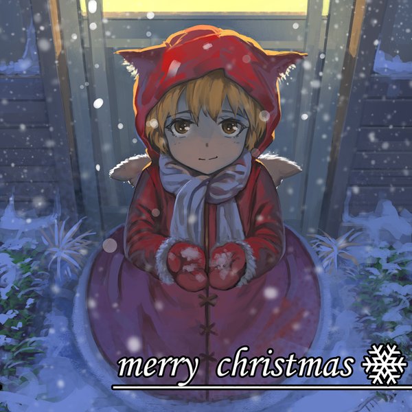 Anime picture 1500x1500 with original lu ying single short hair blonde hair brown eyes animal ears from above snowing christmas winter snow merry christmas girl scarf armor hood snowflake (snowflakes)