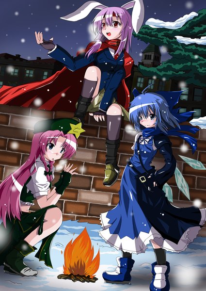 Anime picture 2149x3035 with touhou cirno reisen udongein inaba hong meiling jin taira (artist) long hair tall image highres short hair open mouth multiple girls blue hair pink hair purple hair ahoge bunny ears snowing bunny girl winter snow