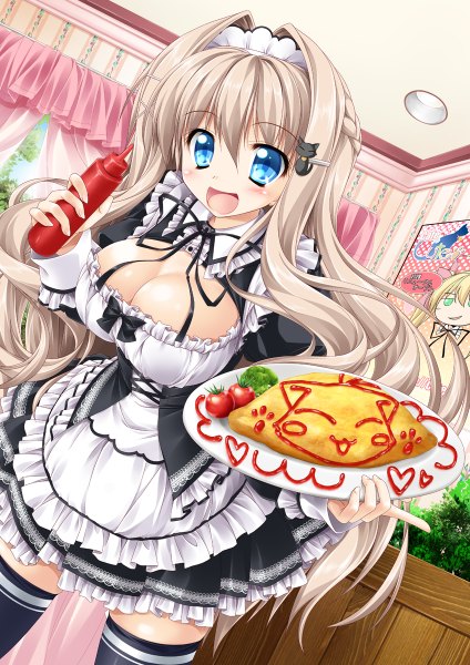 Anime picture 848x1200 with original moe2015 kamiya tomoe single long hair tall image looking at viewer blush breasts open mouth blue eyes large breasts cleavage white hair maid girl thighhighs dress uniform black thighhighs