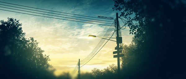 Anime picture 1920x822 with original mclelun highres wide image signed sky cloud (clouds) horizon no people landscape scenic morning sunrise plant (plants) tree (trees) power lines