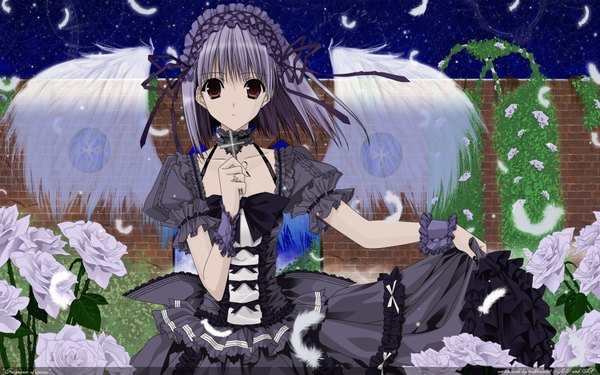 Anime picture 1920x1200 with tagme (character) highres wide image grey hair girl dress flower (flowers) ribbon (ribbons) rose (roses) feather (feathers) cross bonnet