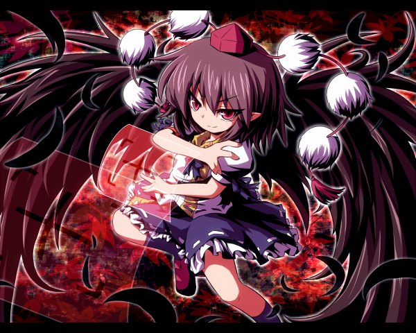 Anime picture 1200x960 with touhou shameimaru aya single looking at viewer short hair black hair red eyes pointy ears black wings smirk girl dress skirt hat wings bowtie feather (feathers)
