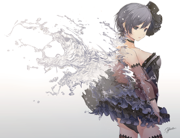 Anime picture 1563x1200 with gothic wa mahou otome cattleya (gothic wa mahou otome) yae (mono110) single fringe short hair breasts light erotic simple background hair between eyes standing bare shoulders signed looking away parted lips grey hair grey eyes gradient background frilly skirt girl