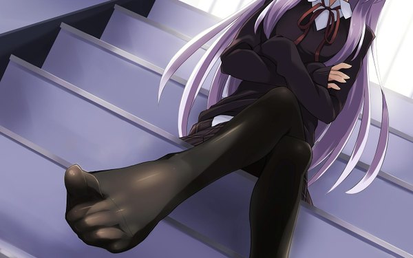 Anime picture 1440x900 with long hair wide image purple hair soles crossed arms girl pantyhose
