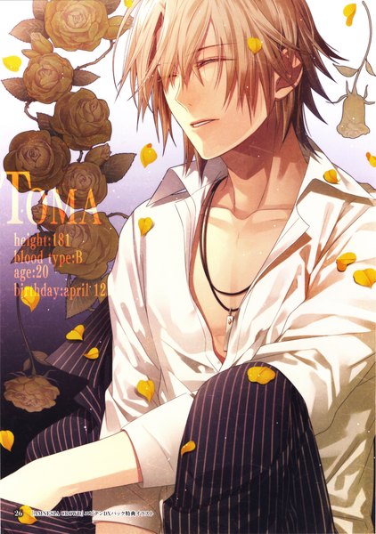 Anime picture 6327x9000 with amnesia idea factory toma (amnesia) hanamura mai single tall image highres short hair blonde hair sitting absurdres eyes closed scan open clothes official art open shirt character names boy flower (flowers) shirt