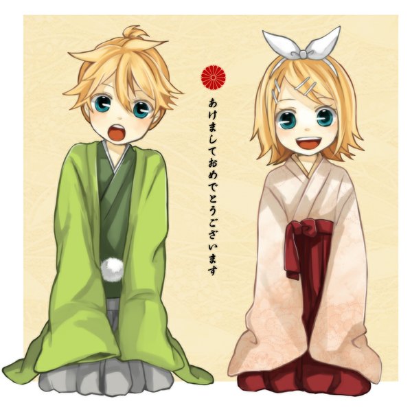 Anime picture 1000x1000 with vocaloid kagamine rin kagamine len tama (songe) looking at viewer blush short hair open mouth simple background blonde hair traditional clothes japanese clothes aqua eyes border new year happy new year akeome girl boy hair ornament
