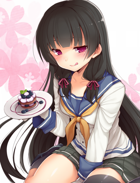 Anime picture 613x800 with kantai collection isokaze destroyer xayux single long hair tall image blush fringe black hair sitting looking away long sleeves pleated skirt pink eyes lips wariza licking tress ribbon floral background between thighs