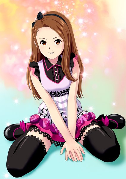 Anime picture 848x1200 with idolmaster minase iori ponnetsu single long hair tall image looking at viewer smile brown hair brown eyes girl thighhighs dress black thighhighs hairband