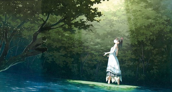 Anime picture 4592x2463 with original shizuku (kantoku) kantoku single highres short hair blue eyes black hair wide image looking away absurdres scan official art girl dress plant (plants) tree (trees)