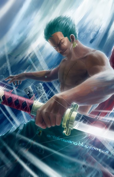 Anime picture 3300x5100 with one piece toei animation roronoa zoro mikaelwang single tall image highres short hair smile absurdres one eye closed wink sunlight realistic aqua hair grey eyes torn clothes scar underwater muscle
