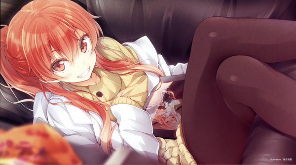 Anime picture 4316x2403 with sasami-san@ganbaranai shaft (studio) yagami tsurugi luna lia single long hair looking at viewer highres smile red eyes wide image absurdres red hair scan crossed legs girl pantyhose sweater couch ipad