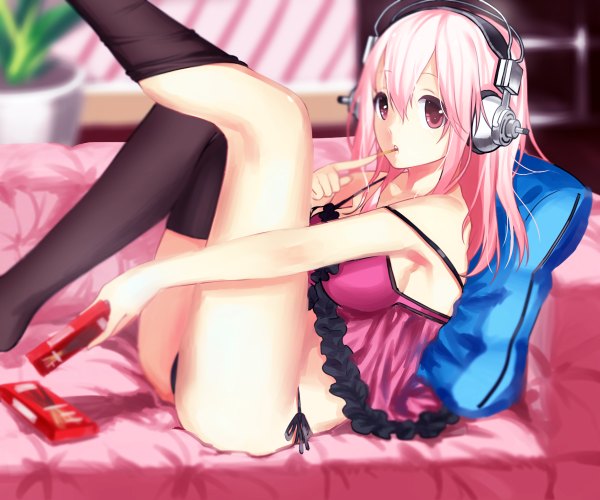 Anime picture 1200x1000 with nitroplus super sonico aya (547972106) single long hair breasts light erotic pink hair pink eyes legs girl thighhighs black thighhighs sweets headphones couch pocky