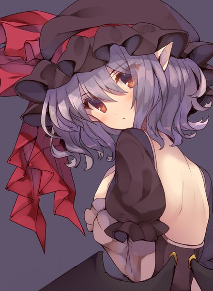 Anime picture 1063x1450 with touhou remilia scarlet usamata single tall image looking at viewer blush fringe short hair simple background red eyes purple hair looking back pointy ears alternate costume puffy sleeves dark background bare back bat wings alternate color