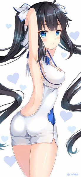 Anime picture 543x1181 with dungeon ni deai wo motomeru no wa machigatteiru darou ka j.c. staff hestia (danmachi) rin yuu single long hair tall image looking at viewer blush breasts blue eyes light erotic black hair smile large breasts twintails looking back arms behind head bare back rei no himo