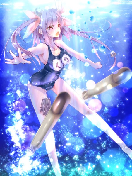 Anime picture 903x1200 with kantai collection i-19 submarine fukuda shuushi single long hair tall image blush open mouth light erotic red eyes twintails bare shoulders blue hair underwater girl bow swimsuit hair bow one-piece swimsuit bubble (bubbles)