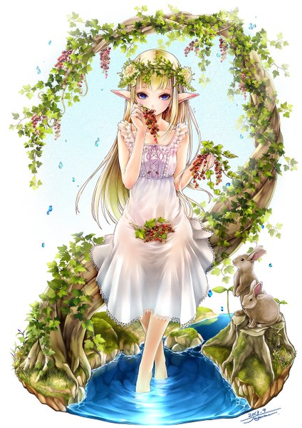 Anime picture 904x1280 with original kininaljaguar single long hair tall image looking at viewer blush blue eyes blonde hair pointy ears girl dress plant (plants) animal water food sundress berry (berries) bunny