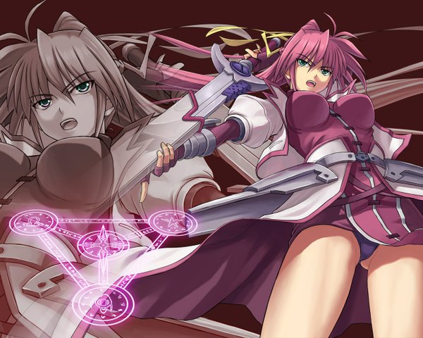 Anime picture 1280x1024 with mahou shoujo lyrical nanoha mahou shoujo lyrical nanoha strikers signum levantine nakayama yukiji single long hair fringe breasts open mouth light erotic hair between eyes green eyes pink hair from below magic zoom layer unsheathing girl gloves