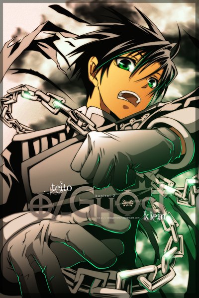 Anime picture 1000x1500 with 07-ghost studio deen teito klein akagami707 single tall image short hair open mouth black hair green eyes inscription coloring framed boy gloves chain