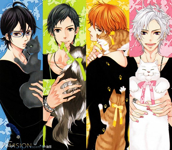 Anime picture 1000x875 with brothers conflict idea factory asahina tsubaki asahina azusa asahina natsume asahina subaru looking at viewer short hair open mouth black hair smile purple eyes silver hair white hair nail polish light smile grey hair from behind orange hair mole