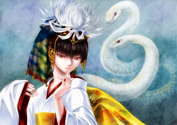 Anime picture 2000x1414 with original nerisu single looking at viewer highres short hair black hair red eyes traditional clothes japanese clothes hair flower finger to mouth girl hair ornament kimono snake