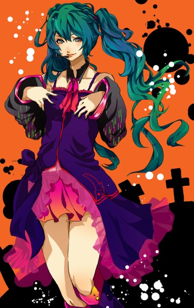 Anime picture 1593x2520 with vocaloid hatsune miku long hair tall image simple background twintails aqua eyes aqua hair halloween orange background girl skirt detached sleeves cross cemetery