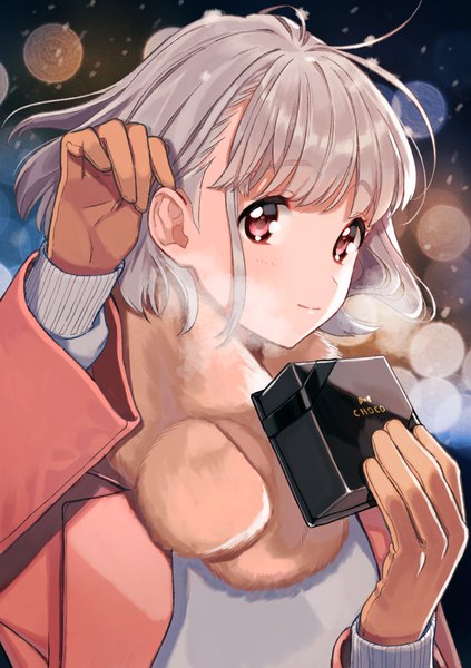 Anime picture 1062x1505 with original shirakino single tall image looking at viewer blush fringe short hair upper body pink eyes light smile grey hair adjusting hair winter exhalation girl gloves scarf gift gift box