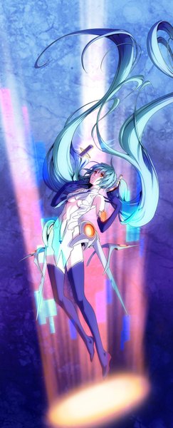Anime picture 1442x3559 with vocaloid hatsune miku oldschool-girl single long hair tall image fringe twintails very long hair aqua eyes wind orange eyes light dark background flying girl thighhighs gloves black thighhighs necktie