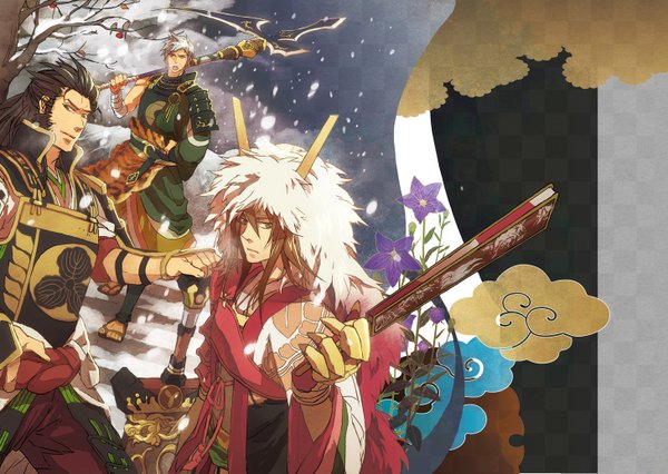 Anime picture 1457x1036 with sengoku musou mitsunari ishida (samurai warriors) sakon shima (samurai warriors) kiyomasa kato (samurai warriors) touru ame long hair short hair open mouth brown hair brown eyes ponytail red hair horn (horns) grey hair snowing winter snow warrior samurai sidewhiskers