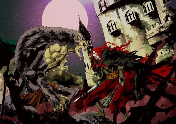 Anime picture 2500x1766 with original 1ji45fun long hair highres red hair night pale skin battle screaming epic boy weapon moon cloak cross full moon monster castle