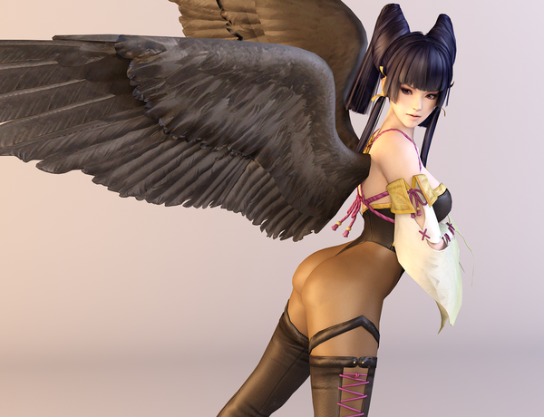 Anime picture 1311x1007 with dead or alive nyotengu dnxpunk single long hair fringe light erotic black hair simple background looking away ass pink eyes grey background mole black wings 3d girl detached sleeves wings