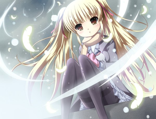 Anime picture 1365x1042 with angel beats! key (studio) yusa (angel beats!) futakabe single long hair blonde hair sitting twintails brown eyes winter girl ribbon (ribbons) hair ribbon pantyhose scarf feather (feathers) mittens